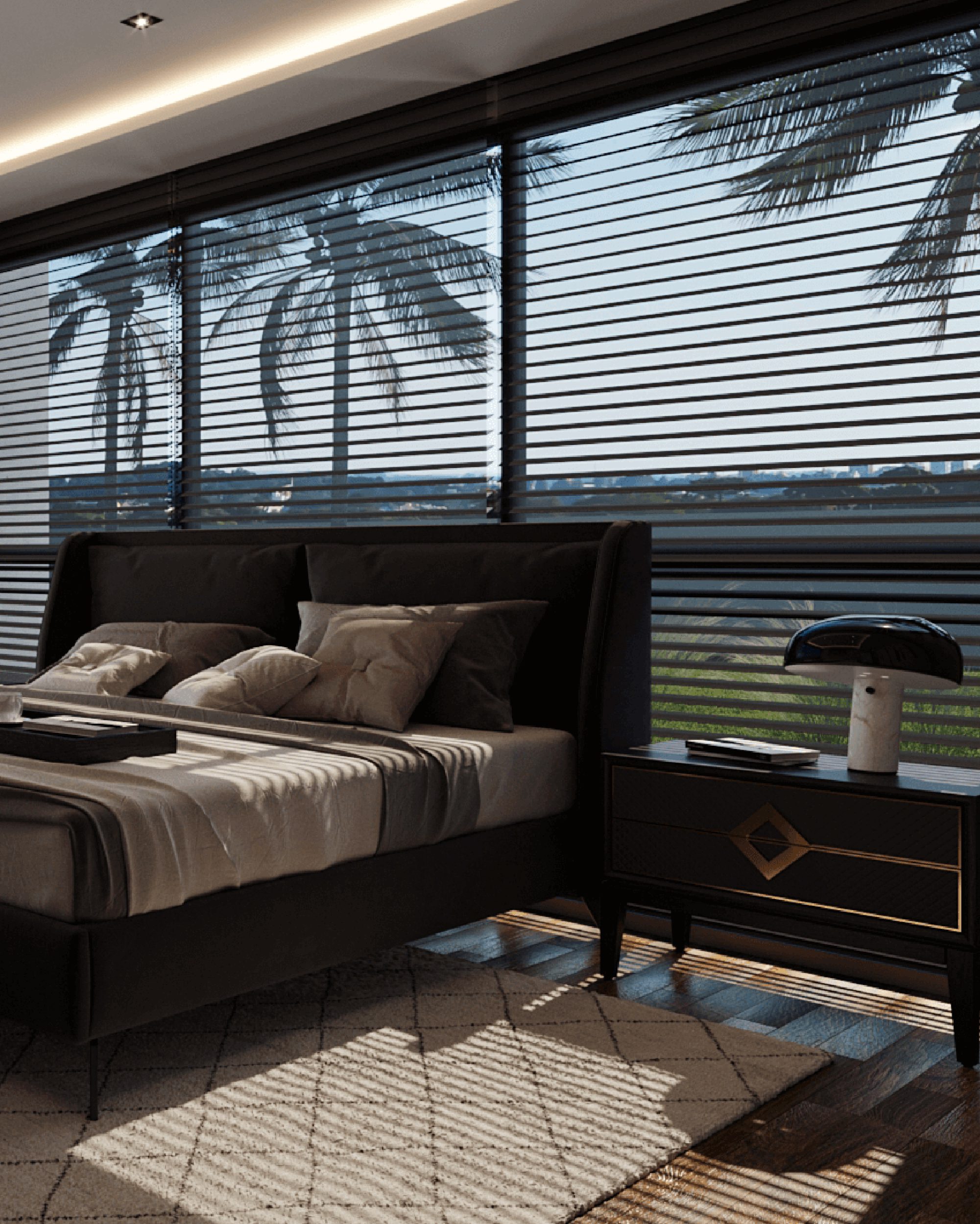 Cortina miragem preta em quarto moderno, com lâminas ajustadas permitindo entrada de luz filtrada.