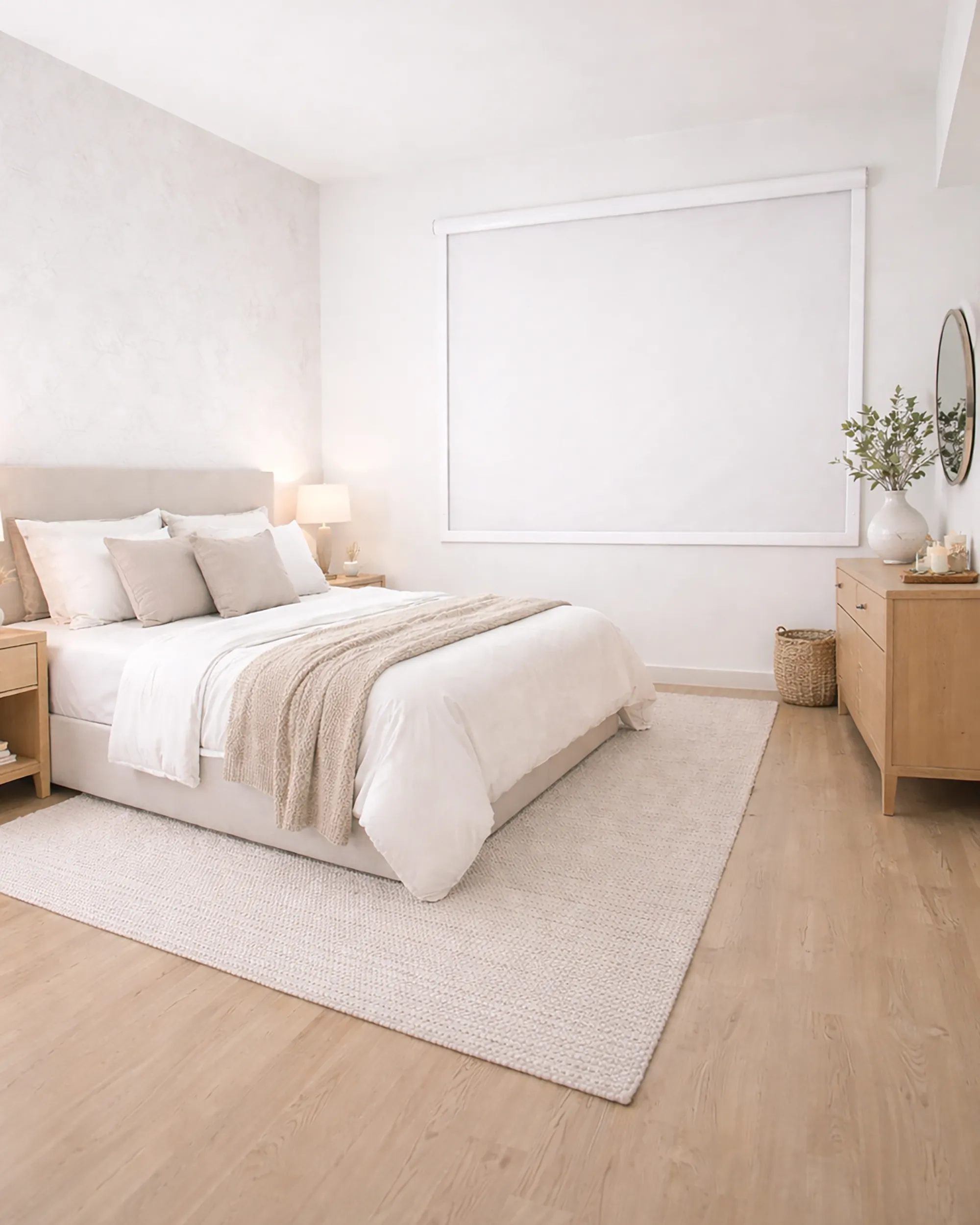 Cortina rolô blackout box Nápoles branca instalada em quarto de casal, cobrindo janela ampla com acabamento em caixa superior e visual clean