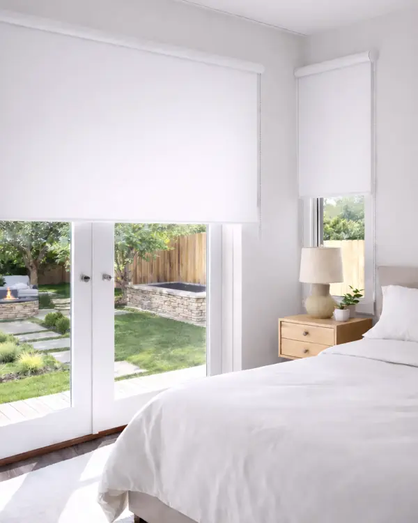 Cortina rolô blackout Nápoles branca instalada em quarto residencial, parcialmente aberta para entrada de luz natural e controle de luminosidade junto à janela