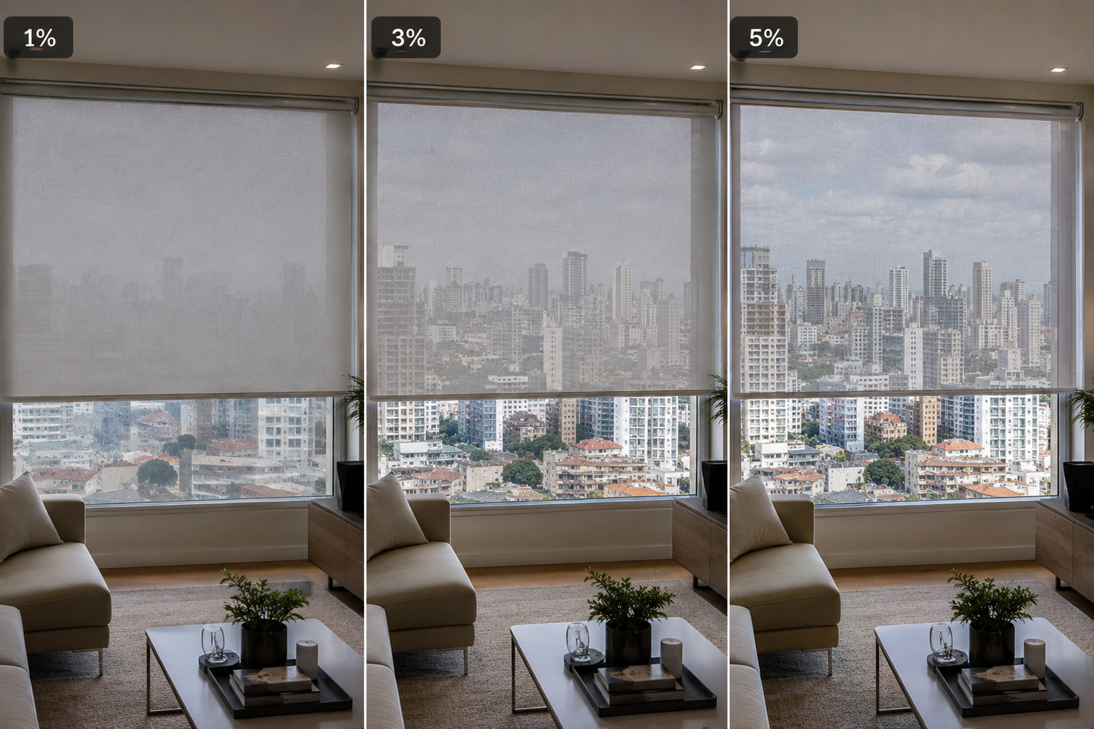 Sala com persiana Tela Solar em 1%, 3% e 5% de abertura, mostrando a diferença de proteção e visibilidade