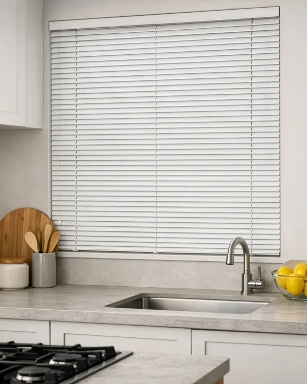 Persiana horizontal de alumínio branca com lâminas de 25mm instalada em cozinha, com visual clean e funcional