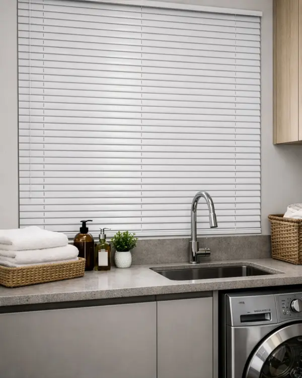 Persiana horizontal de alumínio branca com lâminas de 50mm instalada em lavanderia, com visual clean e funcional