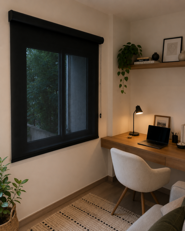 Persiana Rolô Tela Solar 5% Preta instalada em home office moderno.