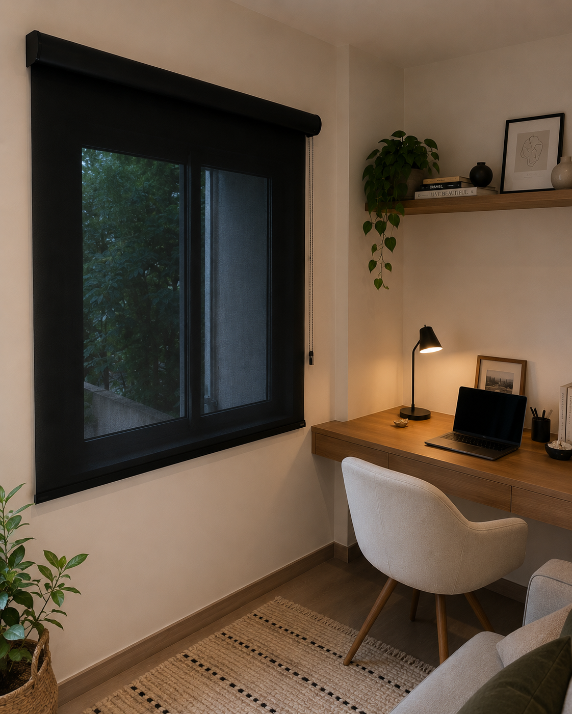 Persiana Rolô Tela Solar 5% Preta instalada em home office moderno.